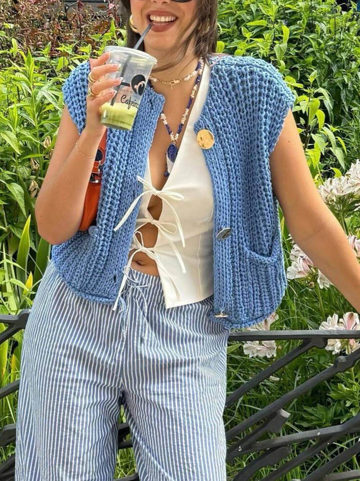 Elegant Pocket Sleeveless Cropped Knit Cardigan